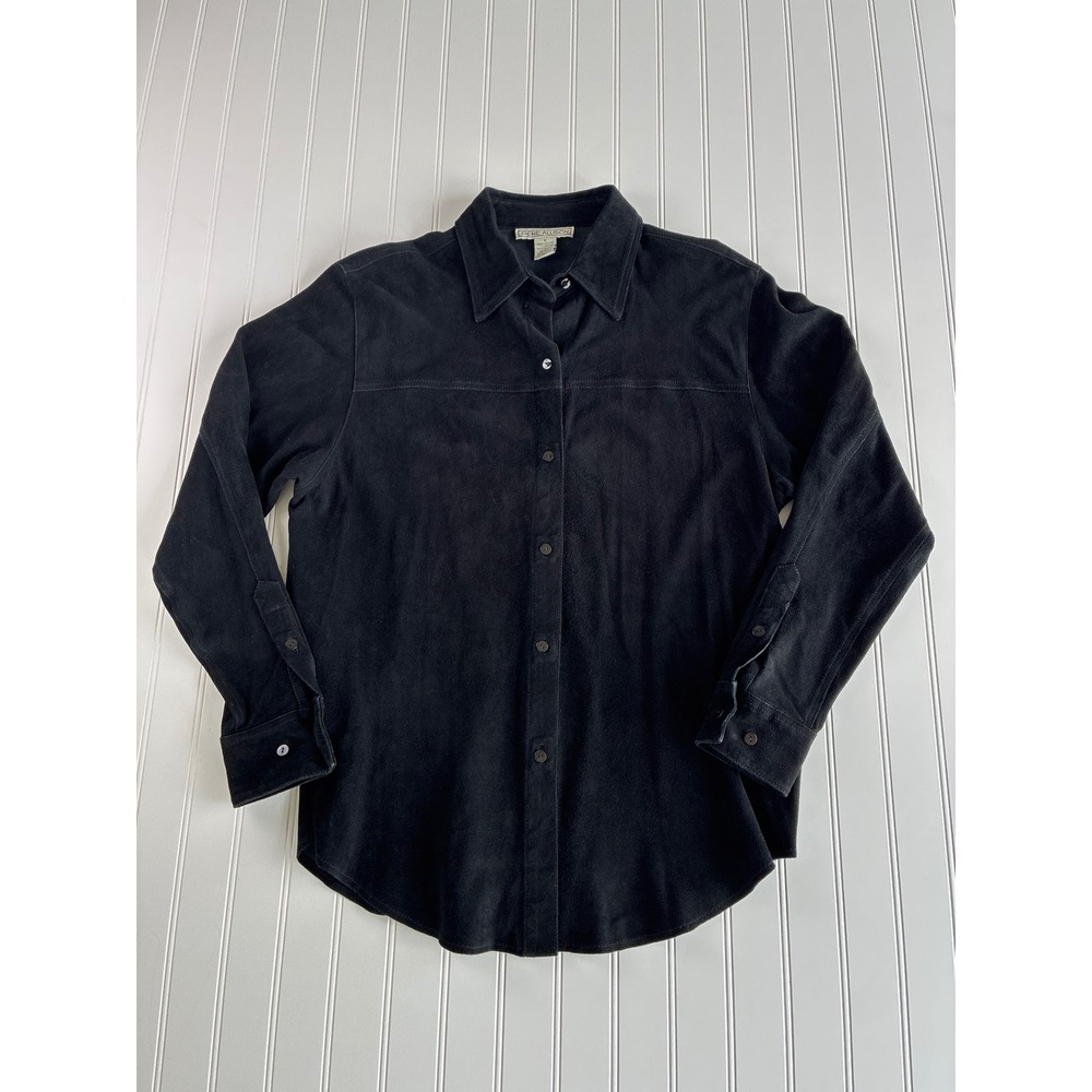 Irene Allison Black Genuine Leather Button Down Shirt Jacket Medium Quiet Luxury
